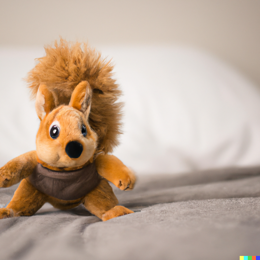 A delightful brown baby squirrel plush standing on a cozy bed.